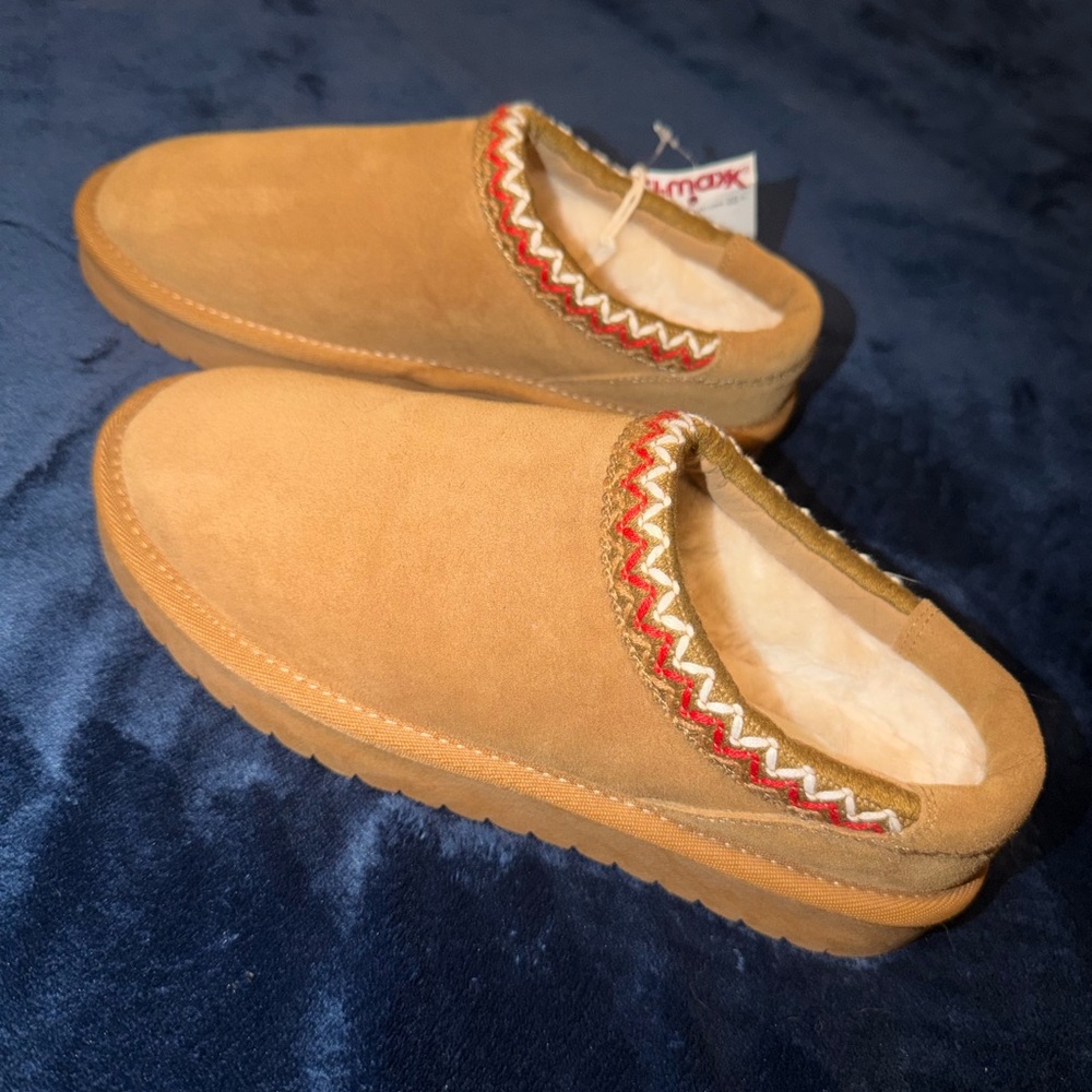 Cozy Tan Slippers with Red Accents